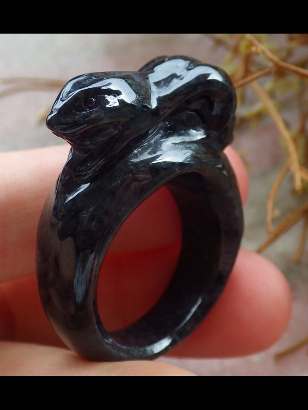 Certificate Jadeite Jade carved black Snake ring size8.5